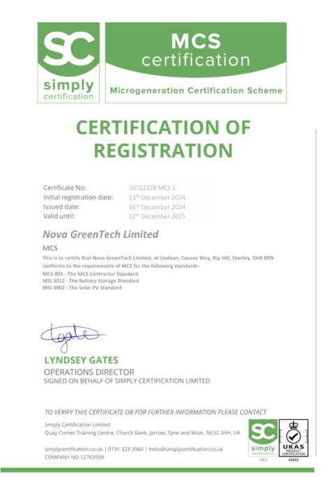 Nova GreenTech - MCS Cert